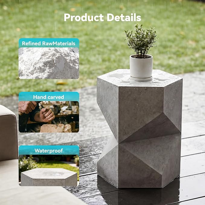 COSIEST MgO Concrete Side Table, 18 Inch Hexagonal Geometric Outdoor End Accent Table, All-Weather Patio Garden Stool, Modern Plant Stand & Coffee Table for Balcony Backyard, Gray, 1 Pack