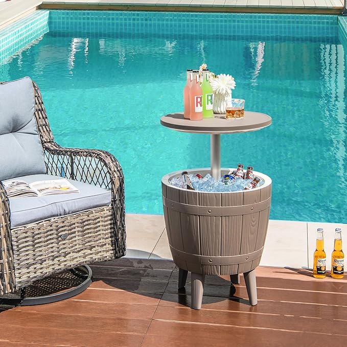 Giantex Cooler Side Table Outdoor, 10 Gallon Ice Cooler with Drainage Plug, Adjustable Height, 3-in-1 Cocktail Patio Par Table for Beer Wine Storage, Deck Pool Backyard Party, Taupe (Wood-Style)