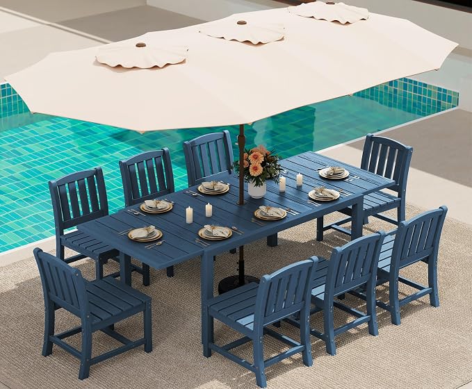 SERWALL 10-Piece Patio Dining Sets with 15FT Patio Umbrella, Blue | 60" - 83" Expandable Outdoor Dining Table and 8 HDPE Chairs, All Weather HDPE Outdoor Furniture Set