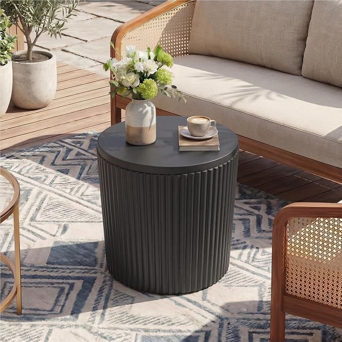 HOMPUS Umbrella Side Table, Outdoor Patio Table with Umbrella Hole, Round Patio Stand for Porch, Poolside & Garden, Composite Material, Modern Coffee End Table, Easy Assembly, Black