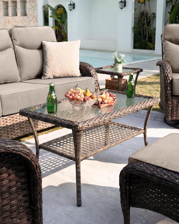 Belord Upgraded 6“ Cushion Luxury 11 Piece Patio Furniture Set - Wicker Outdoor Conversation Set with Swivel Rocker Patio Chairs, High Back Outdoor Furniture for Deck Porch Yard - Brown/Beige