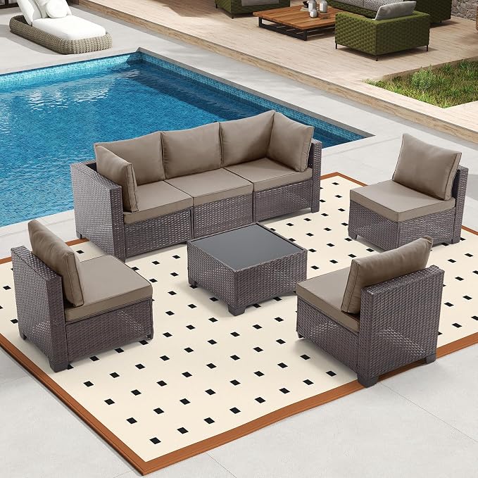 Bonzy Home 7 Pieces Outdoor Patio Furniture Set, PE Rattan Outdoor Sectional Furniture Sofa Set with Removable Cover and Glass Coffee Table, Patio Sofa for Balcony, Porch, Garden, (Brown-Khaki)