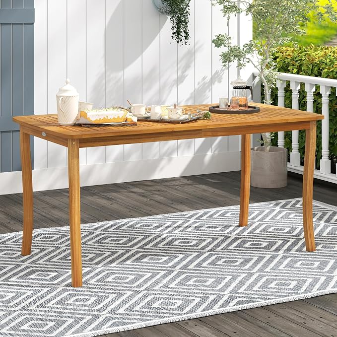 RELAX4LIFE 63’’ Wooden Outdoor Dining Table - Acacia Wood Rectangular Patio Table for 4-6 People w/Umbrella Hole & Slatted Tabletop, Farmhouse Furniture for Pool Backyard Garden Porch (Curved Leg)