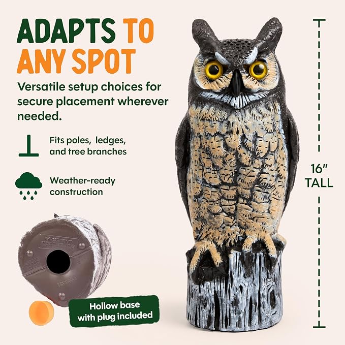 Dalen Lifelike Great Horned Owl Decoy Bird Repellent - 16in Hand-Painted Scarecrow for Gardens & Rooftops, Owl Bird Deterrent, Fixed-Head Design, Fill Base with Sand/Gravel Only - Multicolor