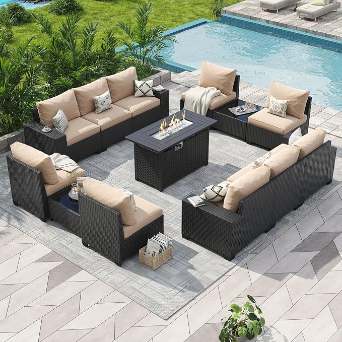 Aoxun Patio Furniture Sets with 44'' Fire Pit, 13 Pcs Outdoor Patio Coversation Set with 4in Thicken Cushion, Widen Armrests Wicker Outdoor Sectional for Backyard, Beige