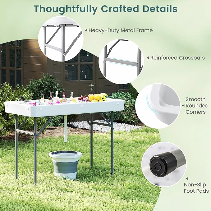 S AFSTAR Folding Ice Table, Ice Cooler with Matching Skirt, Drain Plug, Hose & Foldable Bucket, Portable Bin Table for Picnic, Tailgate Party, Wedding, Camping