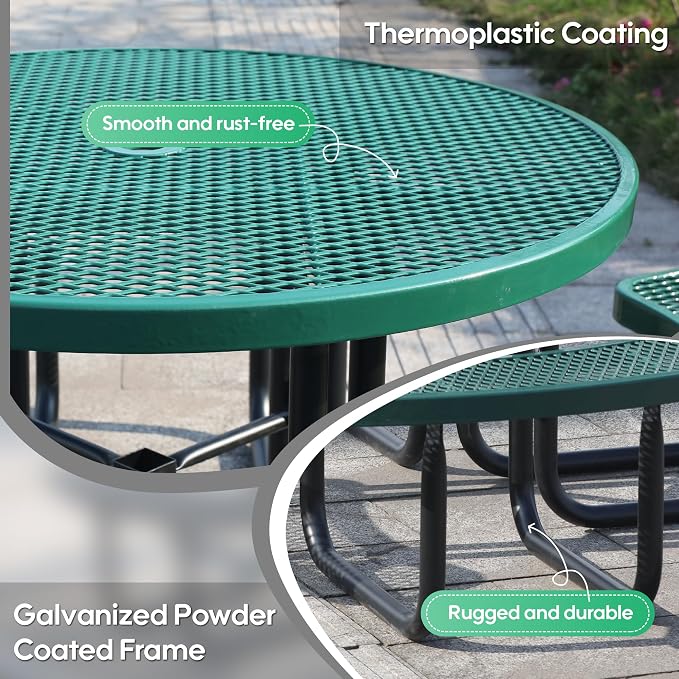 46" Round Picnic Tables for Outdoors,Commercial Metal Picnic Table Bench Set W/ Umbrella Hole,Restaurant School Canteen Tables W/Seats - Heavy Duty Sturdy Picnic Tables for Patio Garden Coffee Shop