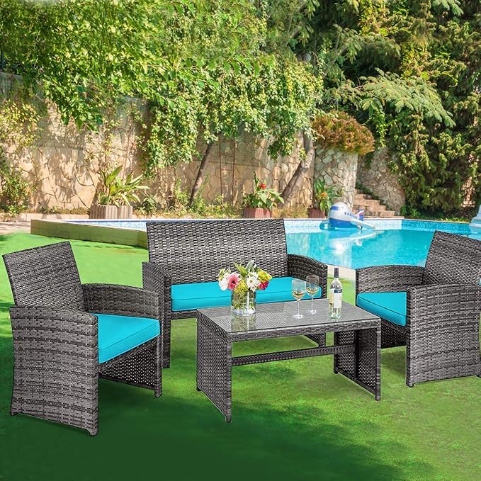 DORTALA 4 Piece Patio Furniture Set, Outdoor Wicker Conversation Set with Soft Cushions & Tempered Glass Coffee Table, Rattan Patio Sofa Bistro Sets for Courtyard Balcony, Turquoise