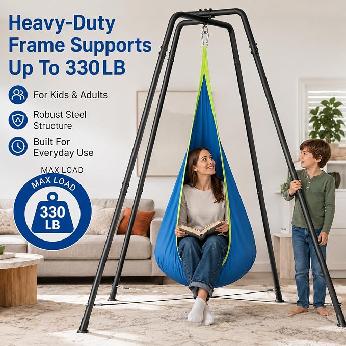 Hammock with Stand for Outside,X-Shaped Anti-Tip Base,Sensory Pod Nest for Kids,Heavy-Duty Steel Frame, Stable Secure 330LBS Support,Indoor Outdoor Cozy Chair,Adults Relax,Bedroom Patio Garden,Blue