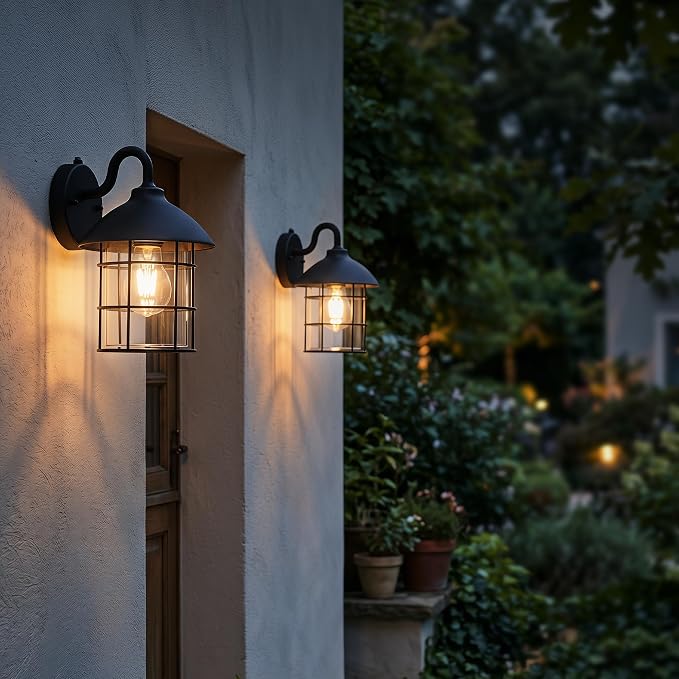 UME 2 Pack Dusk to Dawn Outdoor Wall Lights,Porch Lights,Waterproof Outdoor Wall Sconce, Exterior Light Fixtures E26 Base with Clear Glass Shade for House Garage Patio Front Door Balcony