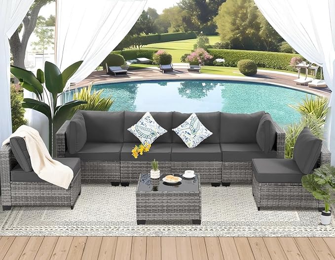 7 Piece Outdoor Patio Furniture Set with Wicker Sectional Couch, Rattan Sofa and Thick Cushions, Patio Conversation Sets with Coffee Table for Garden, Balcony, Backyard Lounge Seating(Gray)
