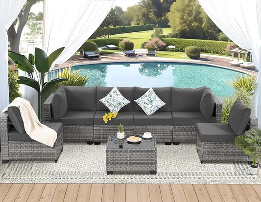 7 Piece Outdoor Patio Furniture Set with Wicker Sectional Couch, Rattan Sofa and Thick Cushions, Patio Conversation Sets with Coffee Table for Garden, Balcony, Backyard Lounge Seating(Gray)