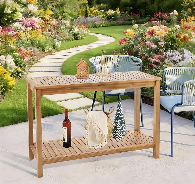 Patio Console Table 2 Shelf - 45'' Outdoor Rectangular Console Table Dining Table Long Bar Table Wooden for Backyard, Balcony, Poolside (Brown)