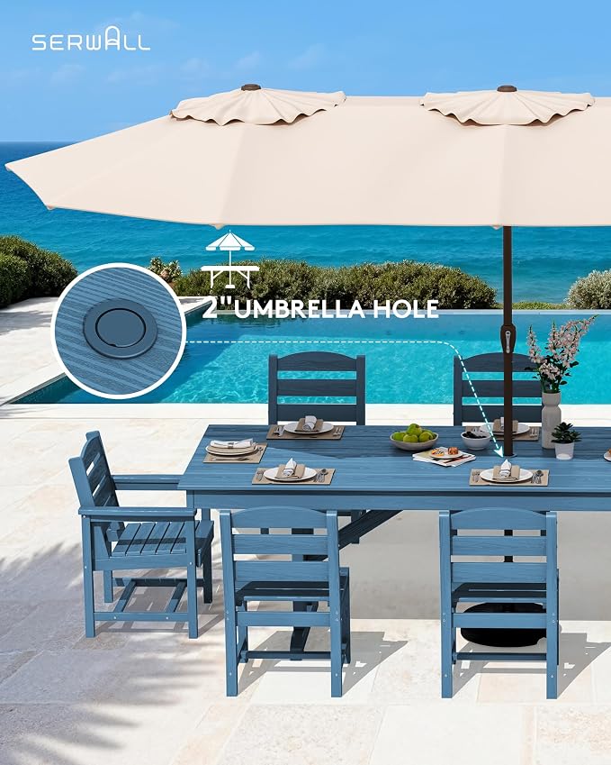 SERWALL 9 Piece Outdoor Dining Set, 84" HDPE Outdoor Table with 6 Armless Chairs and 2 Armchairs ，All Weather Patio Dining Furniture Set with Umbrella Hole for Backyard, Garden, Blue