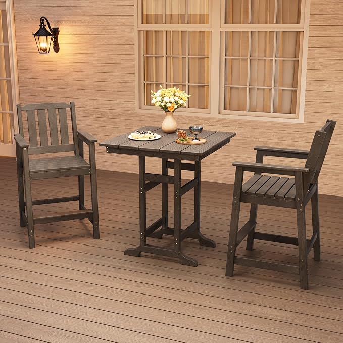 3-Piece HDPE Outdoor Bar Table and Stools Set, 39.6" Tall Pub Table with Umbrella Hole and 2 Counter Height Chairs, Weatherproof Patio Dining Furniture for Backyard, Balcony, Bistro, Dark Grey