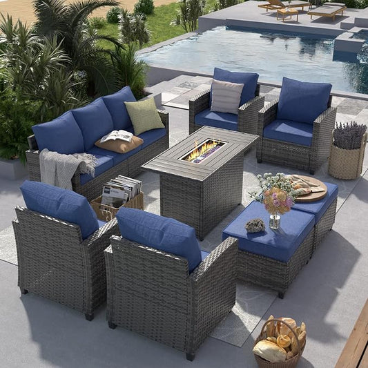 UDPATIO Outdoor Patio Furniture Set with 44" Fire Pit Table, 8 Pieces Sectional Conversation Sets, All-Weather Wicker Rattan Sofa Ottoman with 4" Thick Cushion for Garden Backyard Deck, Navy Blue