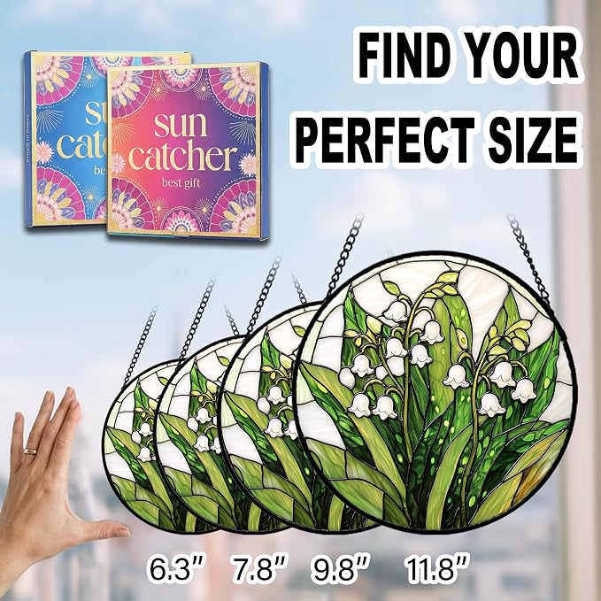 Birthday Gifts for Women - Lily of the Valley Faux Stained Glass Window Hanging Sun Catcher for Door Garden Acrylic Decor Mother's Day Christmas May for Mom Nana Grandma Sisters 6.3"