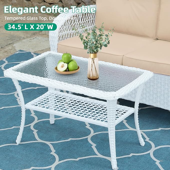 VIVIJASON Outdoor Wicker Coffee Table, All-Weather Rattan Patio Coffee Table with 2-Tier Storage, Tempered Glass Top Rectangle Center Table for Deck, Garden, Balcony, Porch, Indoor or Outdoor Use
