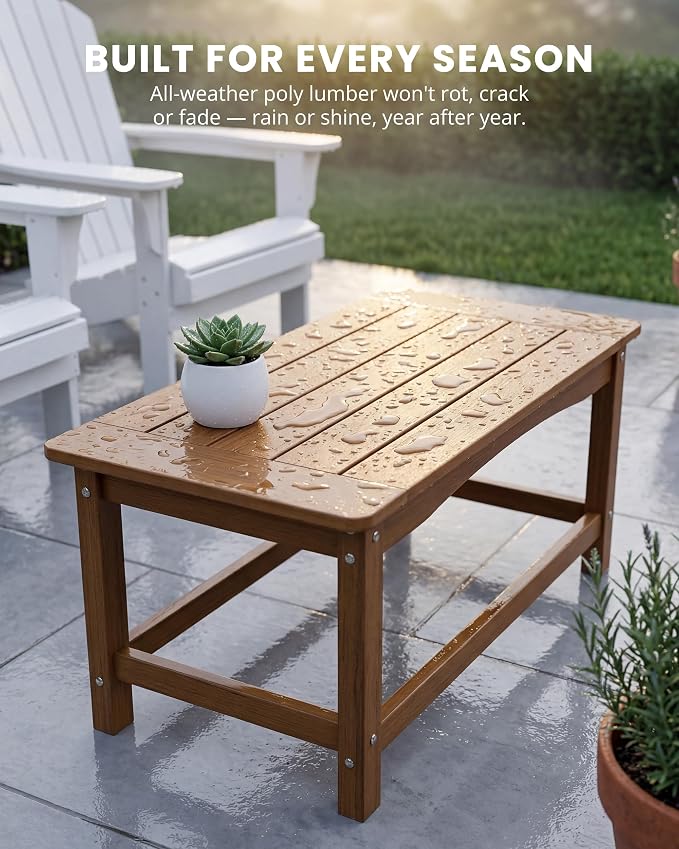 Outdoor Coffee Table for Patio, 35 Inch Rectangle Patio Coffee Table, Teak All-Weather Poly Lumber Small Outdoor Table, 250 lb Capacity for Deck Porch Balcony Garden Poolside
