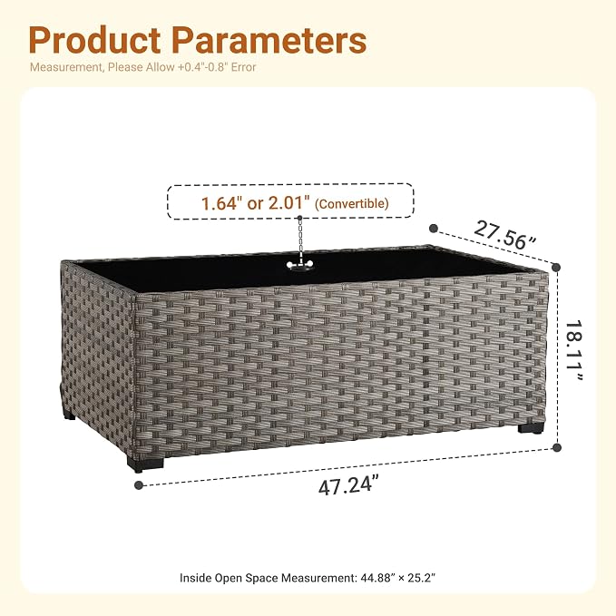 HOOOWOOO Outdoor Patio Side Table with Umbrella Hole,Wicker Coffee End Table Glass Top,Umbrella Table with 1.64" and 2" Hole for Yard,Deck,Porch,Garden(Rectangle Brown)