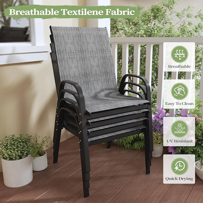 PIZZELLO 9 Pieces Outdoor Dining Set, 106" Aluminum Extendable Patio Dining Table w/ 8Pcs Stackable Textilene Chairs, All Weather Outdoor Table and Chairs Sets for Backyard, Garden, Deck and Poolside
