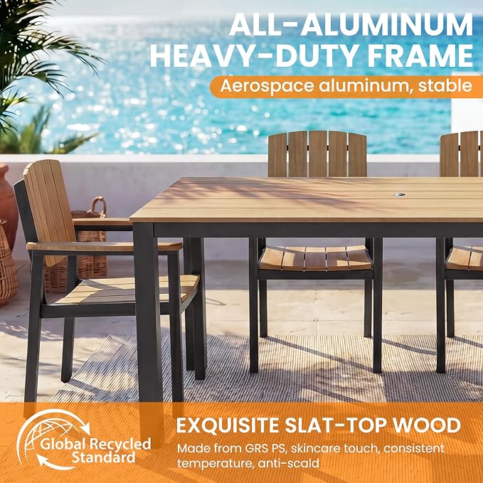 Outdoor Dining Sets Patio Table and Chairs Set 5-Piece, Aluminum Frame HDPS Faux Wood, All Weather Patio Dining Set with Umbrella Hole for Garden Backyard Poolside Nature Wood