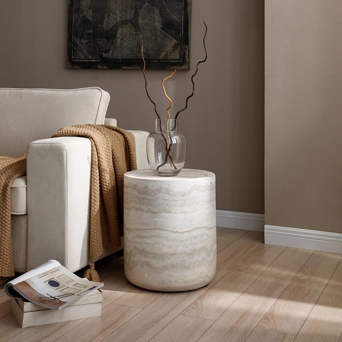 15.74" Round Side Table Small Faux Marble Pattern Coffee Table French Country Rustic Side Table End Table for Living Room,No Need Assembly.Light GrayØ15.74"