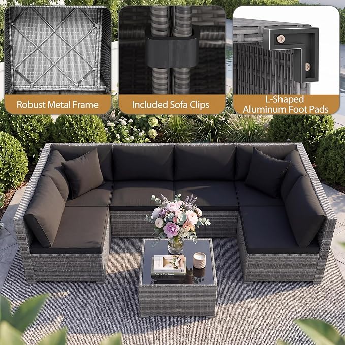 DORTALA 7 Pieces PE Rattan Patio Furniture Set, All-Weather Wicker Conversation Set W/Soft Cushions & Pillows, Coffee Table, Outdoor Sectional Sofa Set for Balcony, Poolside, Backyard, Black