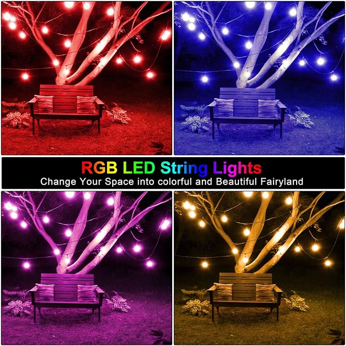48FT Outdoor Patio RGB Cafe String Lights with Remote, Black | Plug in, 8 Lighting Modes, 15+2 S14 LED Edison Bulbs, Dimmable, Shatterproof, Waterproof, Linkable, for Christmas Party Yard