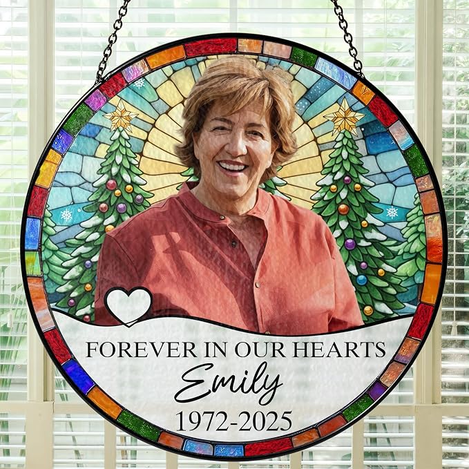 Personalized Memorial Photo Suncatcher – “Forever in Our Hearts” Christmas Ornament – in Loving Memory Gift for Mom or Grandma from Family – Custom Photo Remembrance Keepsake