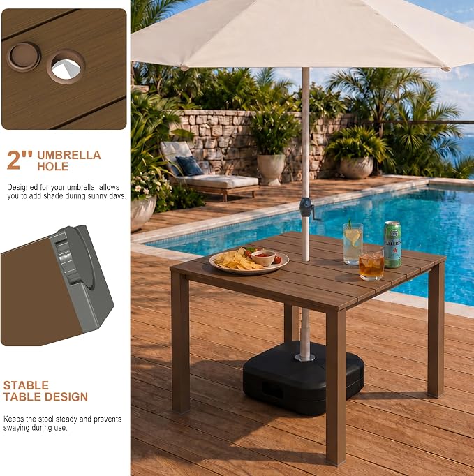 Domi HDPE Outdoor Dining Set, All-Weather Outdoor Dining Table Set of 5 with 2" Umbrella Hole, Outdoor Patio Dining Set for Garden, Poolside, Backyard, Deck, Brown