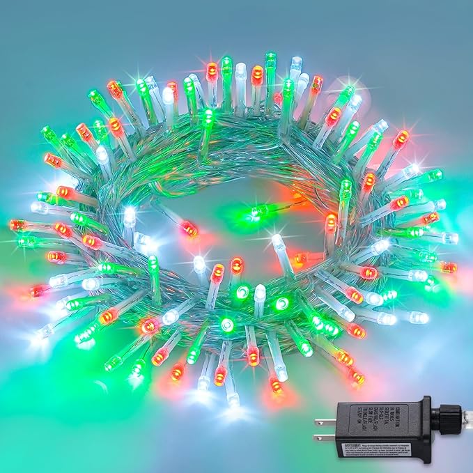 JMEXSUSS Connectable Red White and Green Christmas Lights | 8 Modes 100 LED Twinkle String Lights Indoor, Clear Wire Plug-in Xmas Lights Outdoor Waterproof