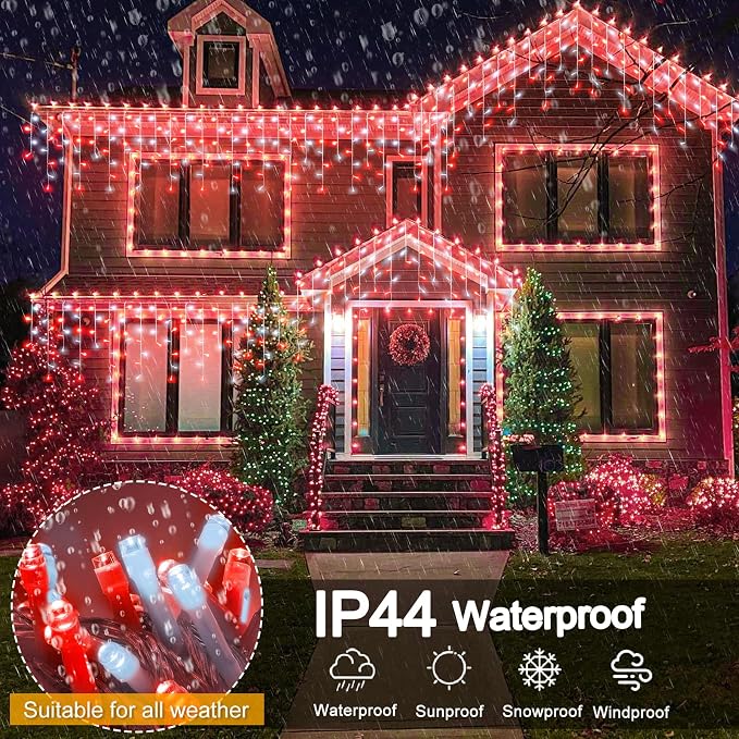 Red and White Christmas Lights Outdoor Icicle Lights for Outside 66ft | 640 LED Twinkle String Lights Clear Wire Connectable 8 Modes Timer Waterproof for House Party Tree Holiday Patio Home Decor