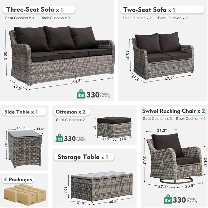 MEISSALIVVE Patio Furniture Set with Swivel Rocking Chairs, 8 Pieces Patio Conversation Set, Outdoor Wicker Sofa Couch with Waterproof Cushions for Lawn Backyard Porch (Black)