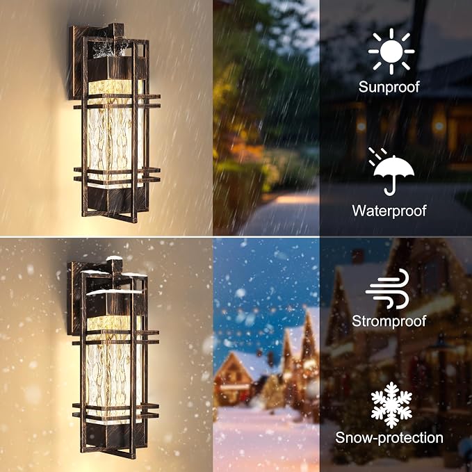 15" Outdoor Porch Light Fixtures Wall Mount, Lantern Lamp,Gold-swept Black | Water Ripple Glass, Rustproof Metal Frame, Waterproof,E26 Base, T30 Bulbs Included, Wall Lantern for Porch, Garage