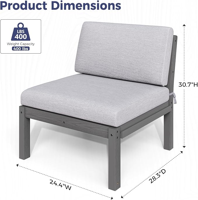 Modular Outdoor Patio Furniture Armless Seat, HIPS All-Weather Outdoor Sectional Sofa with High-Density Thick Cushions, Easy Side Interlock, Patio Seat for Backyard, Balcony, Deck (Grey)