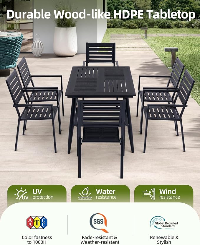 7-Piece Outdoor Dining Set - All-Weather HDPE Patio Table and 6 Stackable Chairs with Rust-Proof Steel Frame, Space-Saving Patio Furniture Set for Backyard (Black)