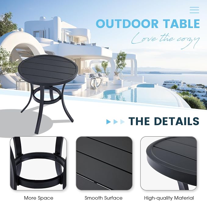 Outdoor Round Side Table, Sturdy & Durable End Table for Indoor and Outdoor, Metal Frame with Smooth Surface, Small Table for Front Porch, Garden, Beach, and Lawn.(Black)