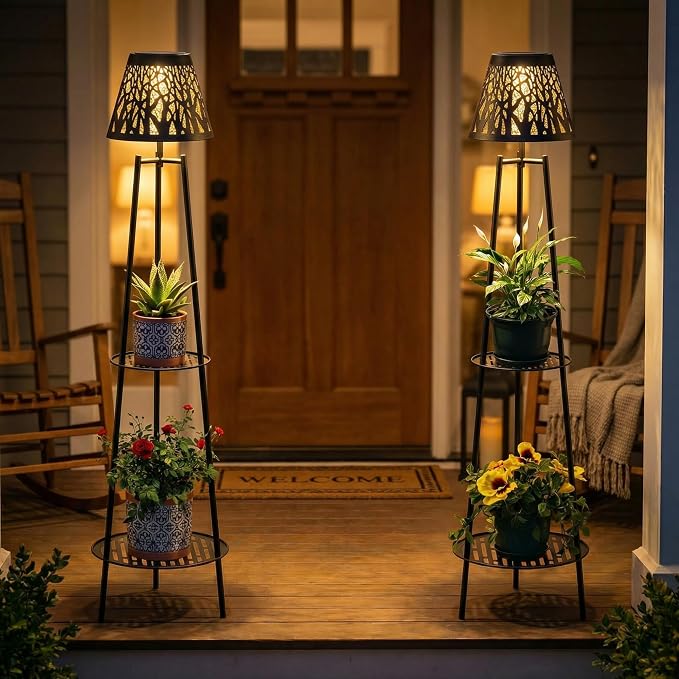 2 Pack Solar Floor Lamps Outdoor with 2-Tier Plant Stand, Metal Tall Planter Holder with Waterproof LED Lantern, Decorative Patio Light & Flower Pot Display Rack for Garden, Deck, Porch, Balcony