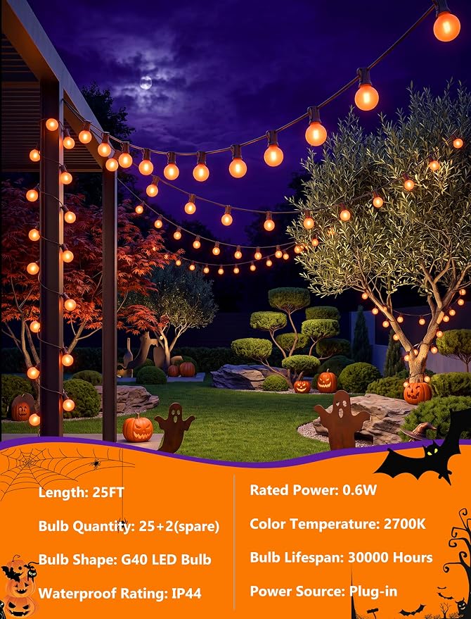 25Ft LED Outdoor Halloween Decorations Lights, 25 G40 Orange Globe Bulbs | Waterproof G40 Patio String Lights, Connectable Shatterproof Hanging Outdoor Lights for Porch Yard Garden Halloween Party