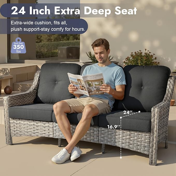 6 PCS Patio Furniture Set, Deep Seat High Back Outdoor Conversation Set with Ottomans, Wicker Outside Furniture with Solar Light Coffee Table for Porch Backyard Balcony, Sunroom, Black