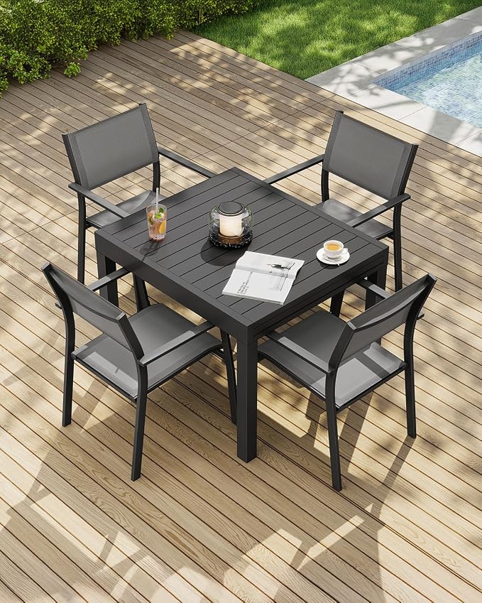 Patio Aluminum Extendable Dining Table, Never-Rust Expandable Outdoor Dining Table for 4-8 Person, 38"-77" Expandable Patio Table Rectangle Patio Dining Table for Porch, Deck, Garden, Black
