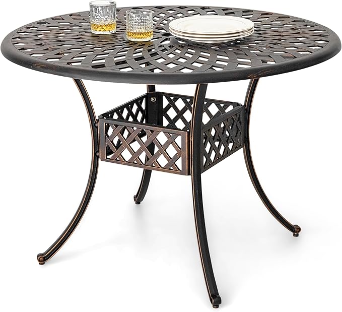 NUU GARDEN Cast Aluminum Outdoor Round Dining Table 42 Inch Patio Table with 2.24 Inch Umbrella Hole for Garden Backyard Balcony Black with Gold-Painted Edges