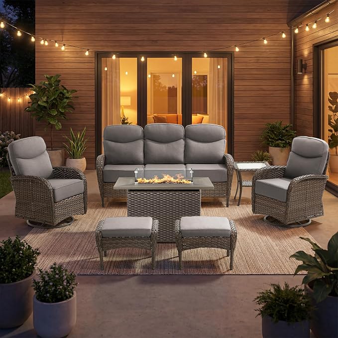High Back Luxury Patio Furniture Set with Fire Pit Table, 6-Inch Cushion Swivel Rocker Patio Chairs with Outdoor Couch, 7 Piece Wicker Conversation Set for Deck Yard Garden Balcony Gray