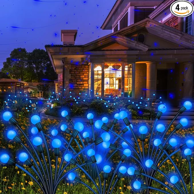 Kohlrabi Solar Garden Lights Outdoor, 4 Pack 32 LED Solar Blue Firefly Lights Waterproof, Starburst Wind Swaying Light for Outside Yard Patio Planter Flower Bed Walkway Christmas Decoration