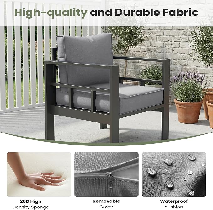 5 Piece Aluminum Patio Furniture Set, Thick Cushions, Aluminum Outdoor Sectional Conversation Set with Coffee Table for Porch, Backyard, Deck(Grey/Light Grey)