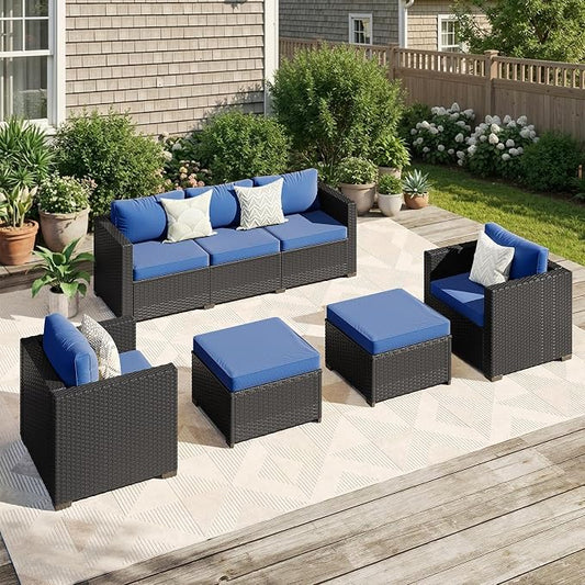 LazySunsets 5-Piece Outdoor Patio Furniture Set, Rattan Outdoor Sectional with Thick Waterproof Cushions, Wicker Ottomans & Waterproof Cover, Patio Conversation Set for Garden, Backyard, Navy Blue