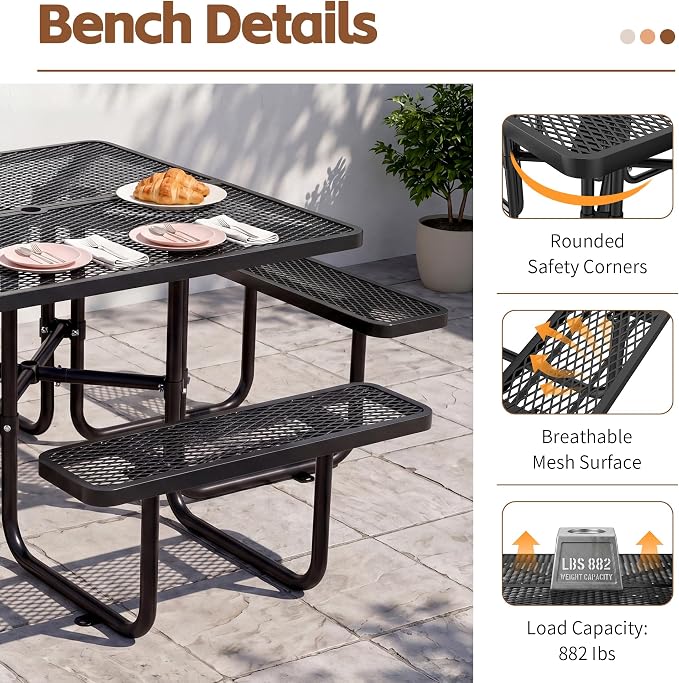 46" Square Metal Picnic Table with 1.73" Umbrella Hole, Commercial Steel Picnic Table, Heavy Duty Picnic Tables with Benches for Outdoor Garden Courtyard BBQ, Black