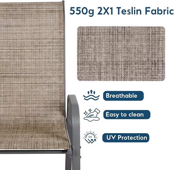 Arlopu 7-Piece Outdoor Table and Chairs for 6, Outdoor Dining Set W/Rectangle Glass Table and 6 Patio Textilene Stackable Chairs, Patio Furniture Set W/Umbrella Hole (Grey Table & Brown Chair)