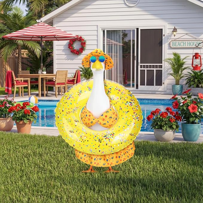 Abbylike Summer Porch Goose Outfits Yellow Bikini Hawaiian Goose Costume Clothes with Swimsuit, Swim Ring, Sun Hat, Sunglasses Fits Large 23'' Cement for Garden Yard Statue Lawn Art Decoration